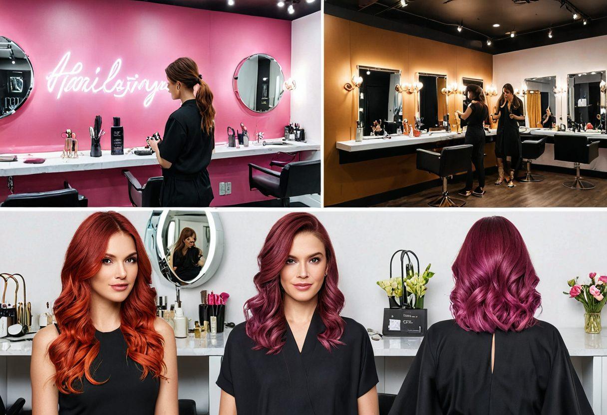 A split image showcasing diverse hairstyles: on one side, DIY tools like scissors, hair color, and brushes on a colorful table, and on the other side, a glamorous celebrity with stunning hair under bright lights, surrounded by stylists. The background features an inspiring beauty salon with vibrant decor. A flowing ribbon connects the two halves, symbolizing the journey from DIY to celebrity looks. super-realistic. vibrant colors. lively background.