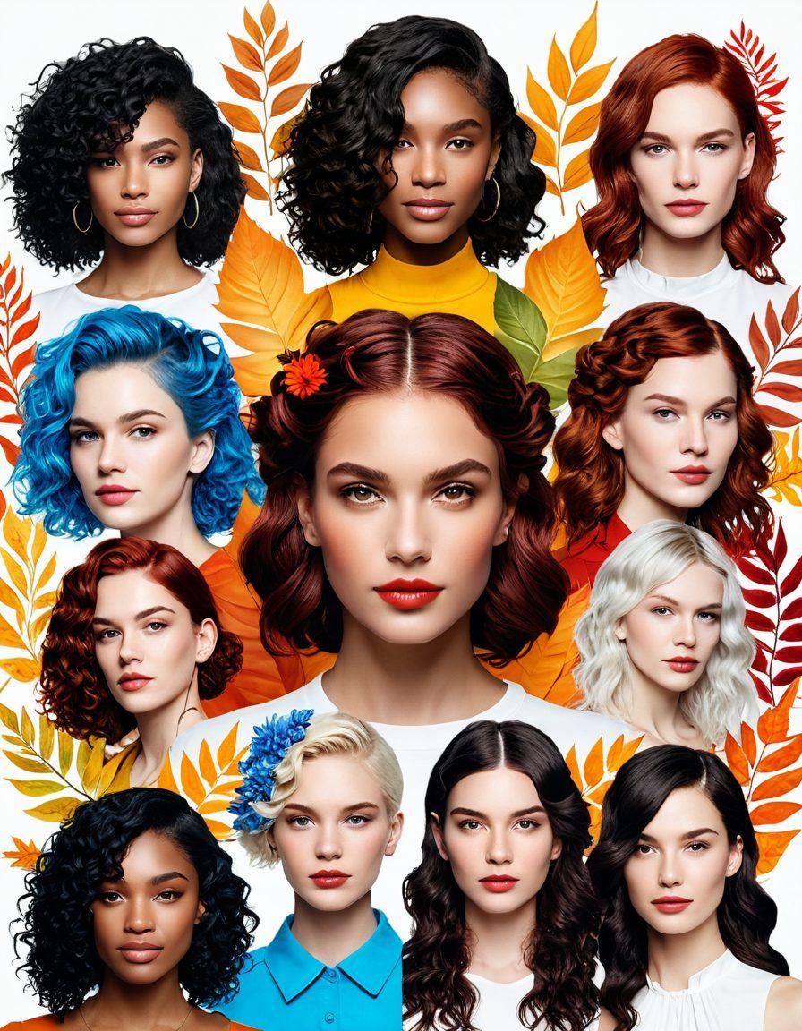 A dynamic hairstyle collage showcasing diverse haircuts and colors, featuring vibrant and trendy styles like beachy waves, bold pixies, and intricate braids. Include a backdrop of seasonal elements like autumn leaves or spring flowers to reflect current trends. Use a variety of models with different hair textures and colors to emphasize inclusivity. Bright and inviting atmosphere, accentuating warmth and creativity. super-realistic. vibrant colors. white background.